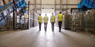 Four colleagues in reflective vests leaving a warehouse
