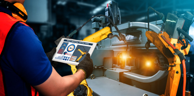 Smart industry robot arms for digital factory production technology showing automation manufacturing process of the Industry 4.0 or 4th industrial revolution and IOT software to control operation.