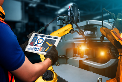 Smart industry robot arms for digital factory production technology showing automation manufacturing process of the Industry 4.0 or 4th industrial revolution and IOT software to control operation.